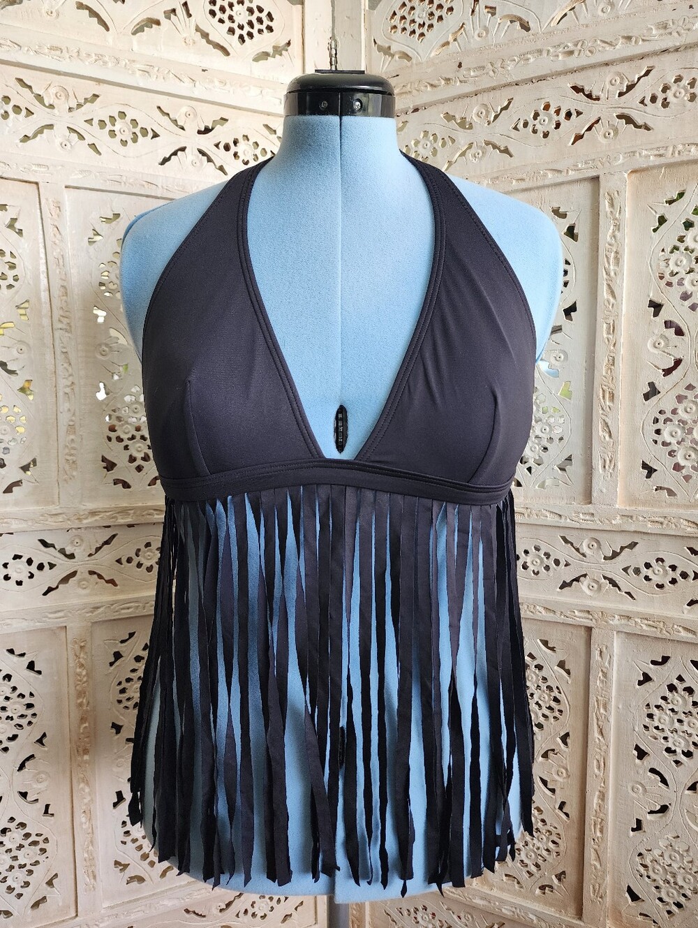 NWOT Coco Rave Black Fringe Swim Bikini Top- Womens Size Medium